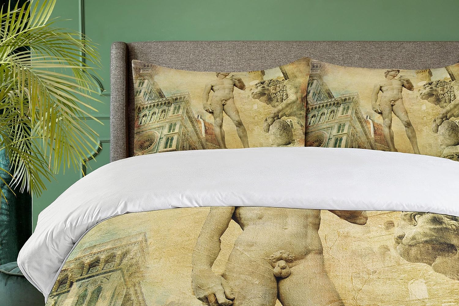 Ambesonne Italy Duvet Cover Set, Florence Art Collage Michelangelo David Renaissance, Decorative 3 Piece Bedding Set with 2 Pillow Shams, Queen Size, Pale Orange Mint Green