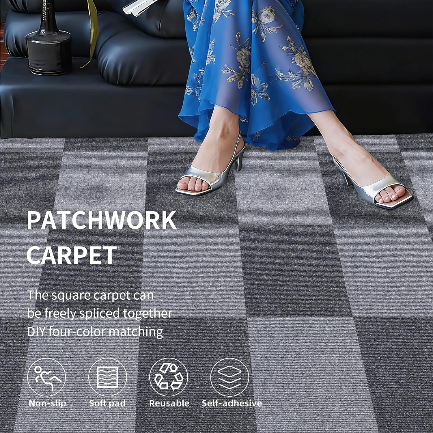 12" x 12" Self-Adhesive Carpet Tiles, Economical Temporary Flooring for Rental Apartments, Garage, Basement & Workshop - Easy Peel & Stick Installation, Basic Floor Protection & Cover (35, Dark Gray)
