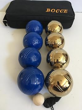 BuyBocceBalls Listing - 73mm Metal Bocce/Petanque 8 Ball Set with 4 Blue and 4 Gold Balls and Black Bag