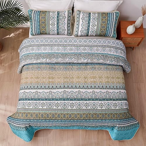 Vista 49 de WONGS BEDDING Juego de edredón bohemio tamaño Queen Aqua, juego de colcha de 3 piezas a rayas, de microfibra ligera y suave bohemia para todas