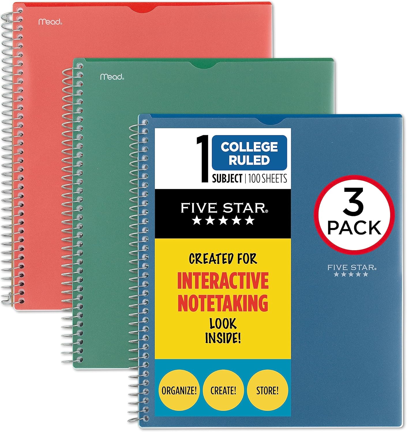 Five Star Interactive Notetaking Spiral Notebooks, 3 Pack, 1-Subject, College Ruled Paper, 11" x 8-1/2", 100 Sheets, Customizable Cover, Forest Green, Fire Red, Pacific Blue (820197-ECM)