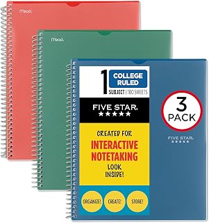 Interactive Notetaking Spiral Notebooks, 3 Pack, 1-Subject, College Ruled Paper, 11" x 8-1/2", 100 Sheets, Customizable Cover, Forest Green, Fire Red, Pacific Blue (820197-ECM)