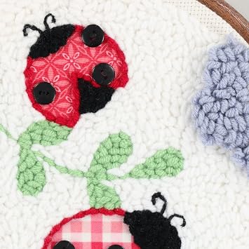 Kimberbell Punch Needle Kit Bugs & Blooms - Complete DIY Embroidery Kit with Tool, Monks Cloth, Yarn, Applique Fabric & Frame Ladybug & Floral Punch Needle Design for Handmade Gifts & Decor