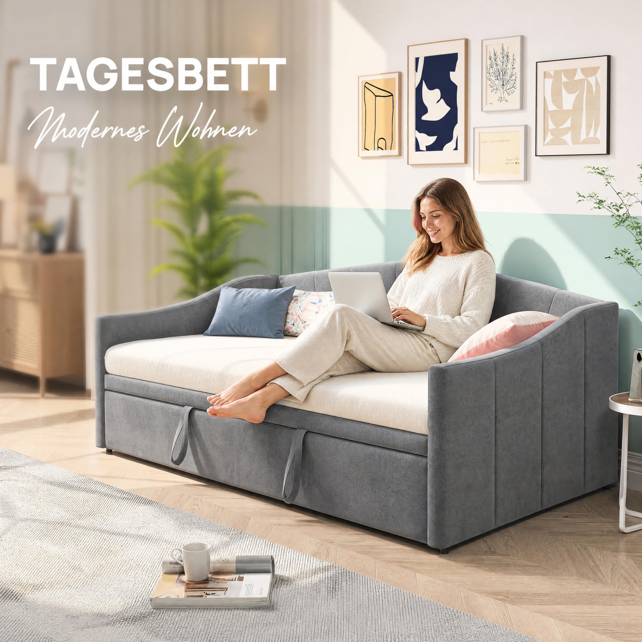 Schlafcouch Schlafsofa 90/180x200 cm, Multifunktionales Schlafsofa Bett mit Ausziehbett, Doppelschlafsofa mit Lattenrost, Samt, ohne Matratze (Grau A, 90/180x200cm)