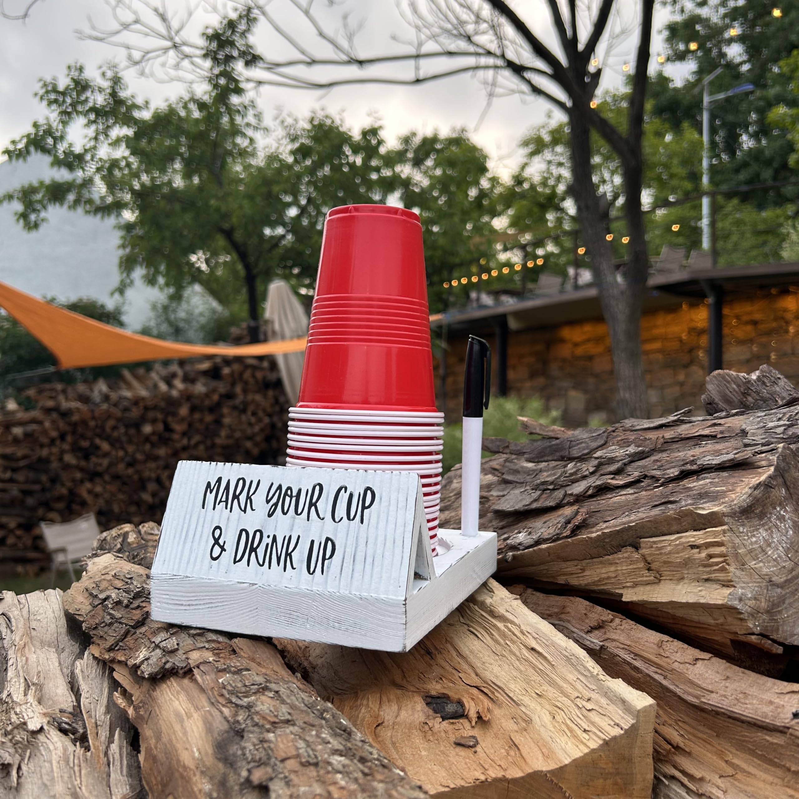 Rustic White Wood Cup Holder with Marker Slot | Holiday Hosting Essential | Fits Variety of Disposable Cup Sizes | Plastic Cup Organizer for Housewarming Party Decorations (White)