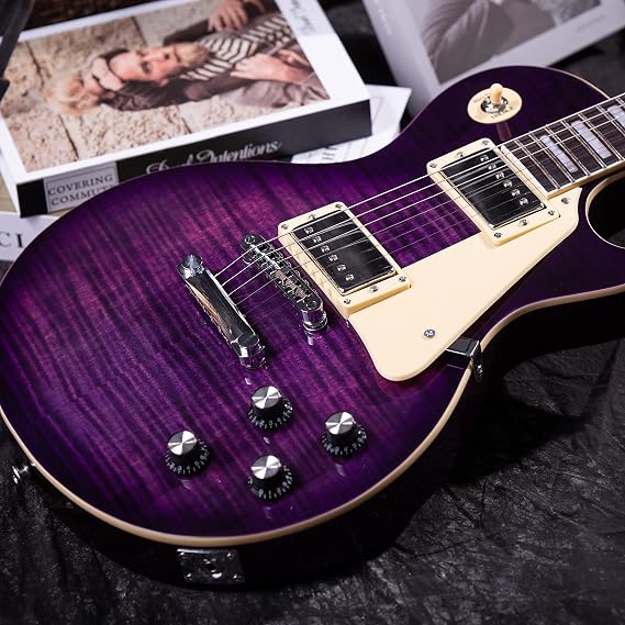 Solid Body Electric Guitar LP Style, Mahogany Body with Maple Neck & Rosewood Fretboard, Stainless Steel Frets, Humbucker Pickup, 3-Way Switch, Electric Guitar with Gig Bag (Purple)