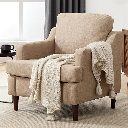 Mid-Century Accent Chair Modern Linen Fabric Armchair for Living Room,Comfy Upholstered Reading Chairs for Bedroom,Single Sofa Chair with Wood Legs (Khaki, Set of 1)