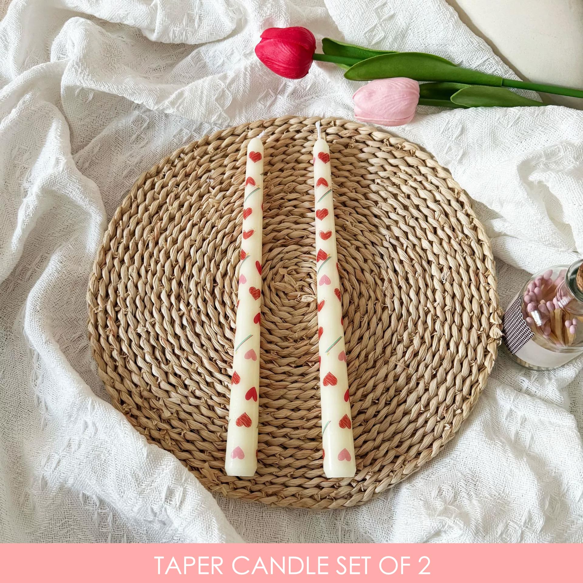 Topsics Ivory Taper Candles, 10 Inch Taper Candle Set of 2, Heart Patterns Printed Candlesticks, Unscented Candles for Dinner Anniversary Mother’s Day