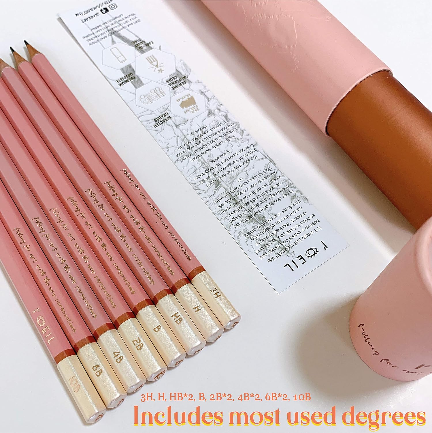 L'oeil Professional Soft Graphite Sketching Pencils Set of 12 (Selected 3H-10B) in Incense Cedar Wood for Pencil Drawing, Sketching, Shading for Beginners & Pros (Pink)