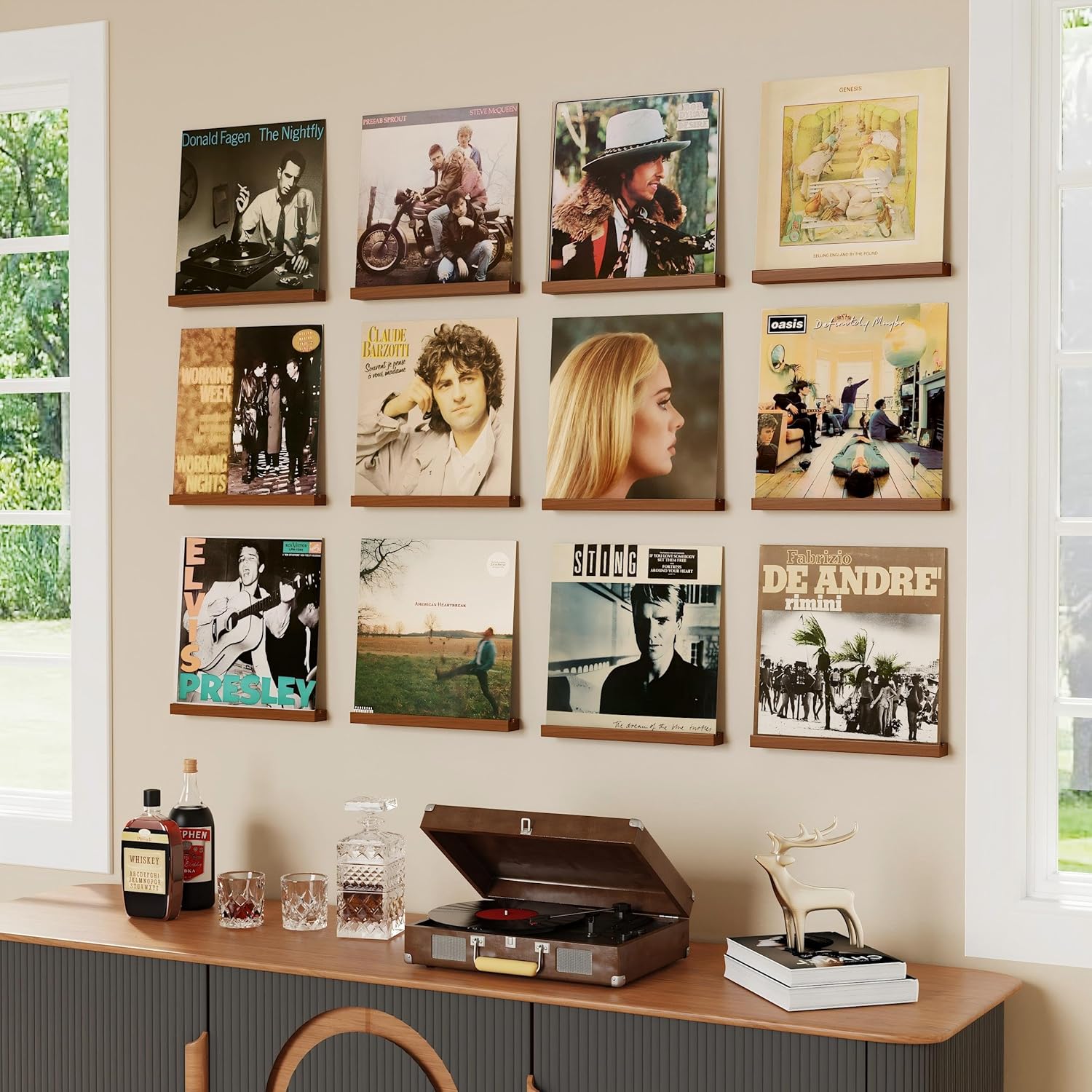 Emfogo Vinyl Record Shelf Wall Mount, 12 Pack Album Record Holder Wall, 12 inch Vinyl Record Storage Shelves Wall, Wood Record Display for Living Room (Walnut)