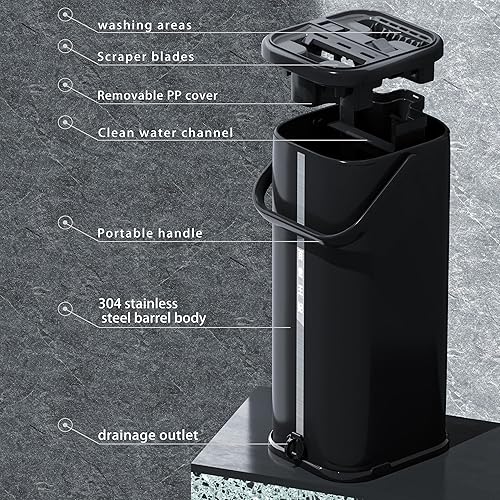 Miniatura 4 de SWIFTIRON Trapeador y cubo de acero inoxidable con escurridor para el hogar, trapeador plano manos libres con 4 cabezales de mopa de microfibra