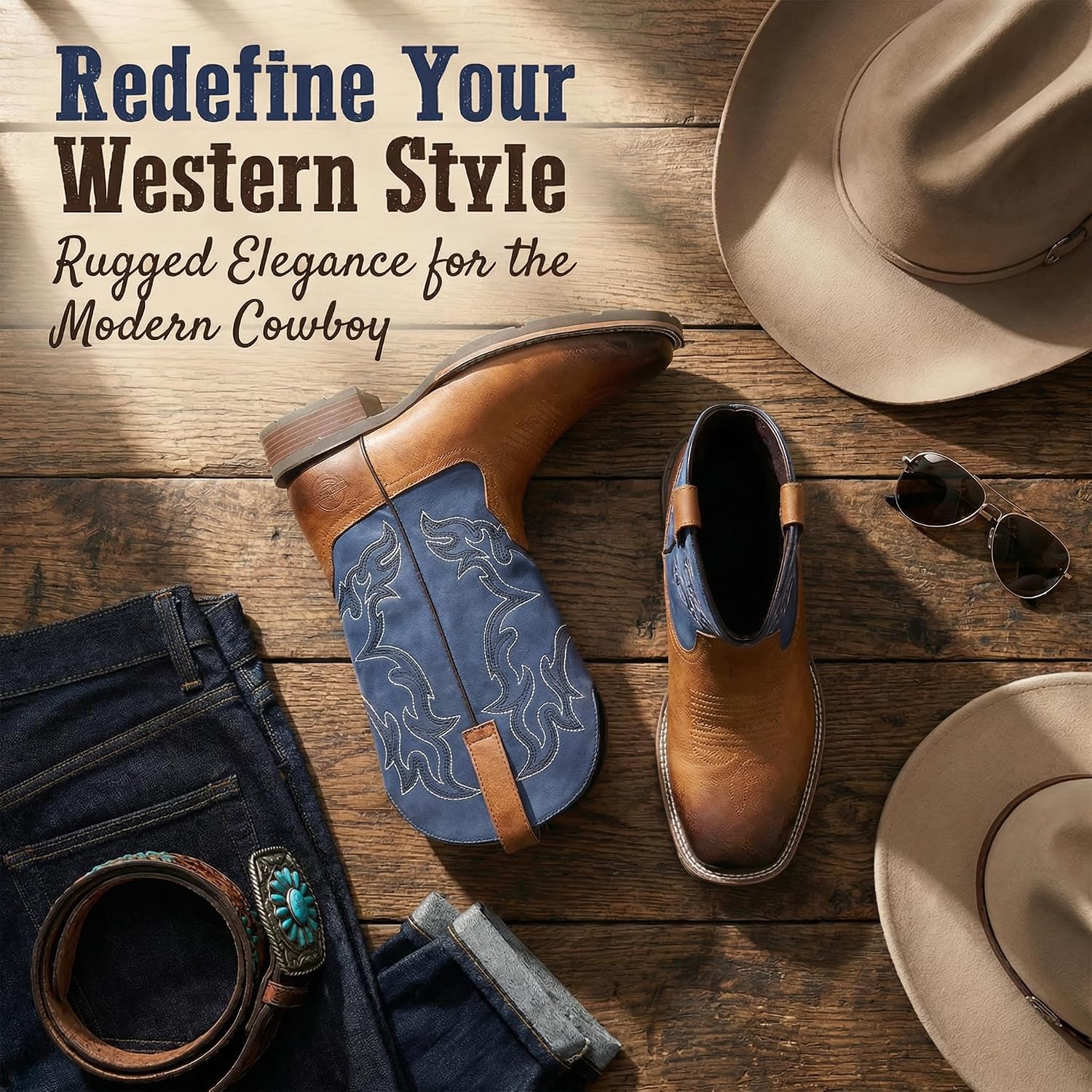 Men's Cowboy Boots with Square Toe, Classic Embroidered Two-Tone Western Boots, Faux Leather Pull-On Mid Calf Boots for Men