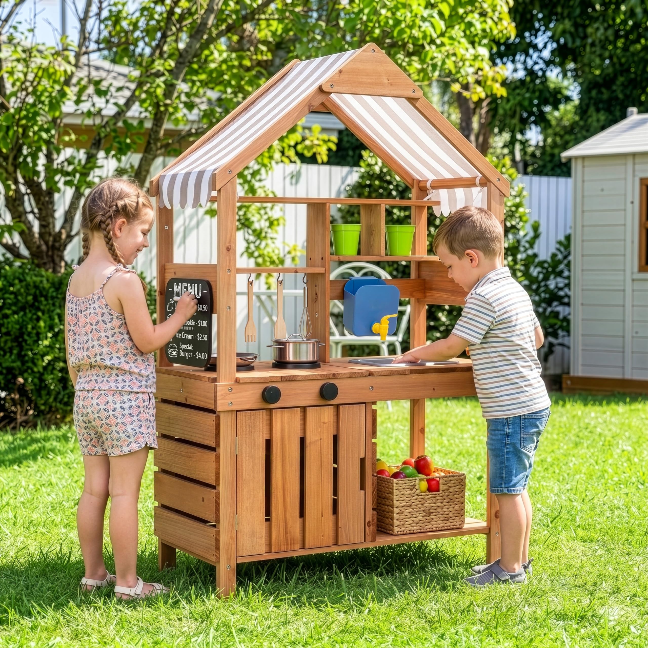 OOOK Outdoor Spielküche, Große Matschküche Outdoor aus Holz, Gartenspielküche mit Gartenspüle, Töpfen, Herd, Pflanztöpfe und Gartenwerkzeugen, Spielzeugküche für Kinder 3+