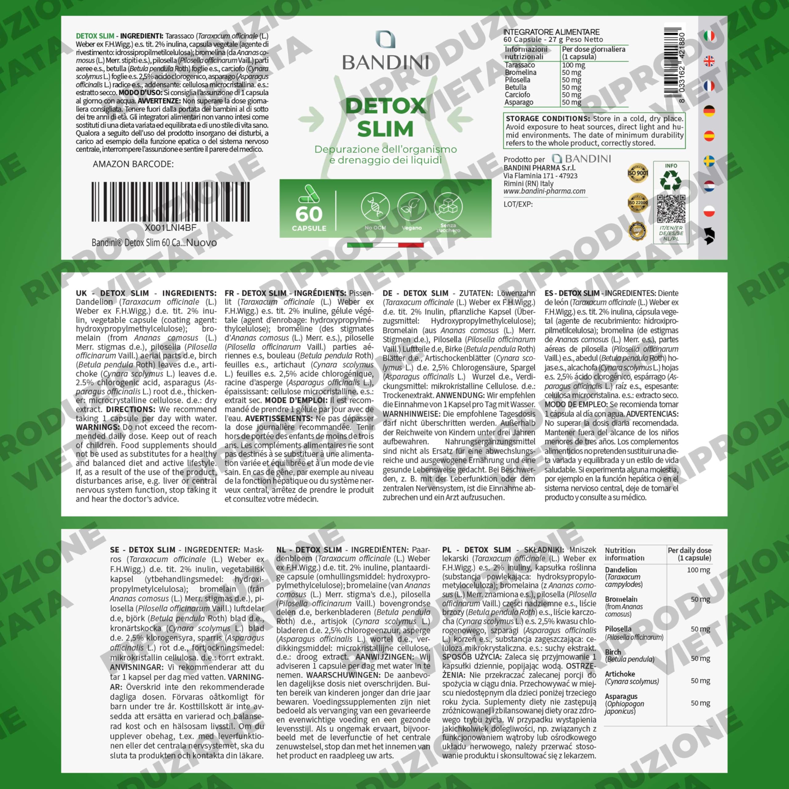 Bandini® DETOX SLIM 60 Capsule Vegan | Drenante, Antiossidante, Depurativo, Detossificante per Fegato e Intestino | Complesso di Estratti Vegetali: Bromelina, Tarassaco, Pilosella, Betulla
