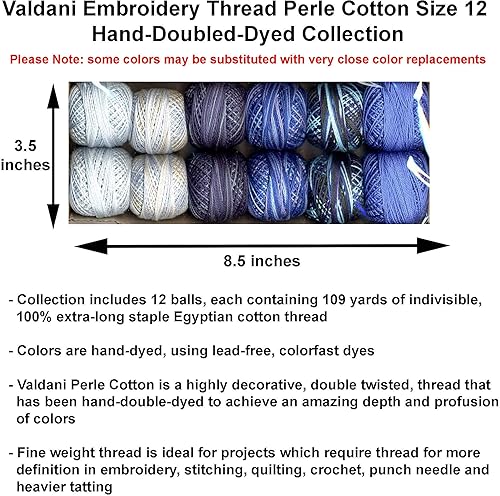 Miniatura 2 de Valdani Hilo de bordar Perle Algodón Tamaño 12 Teñido a Mano 2 in Colección Azul (PC12-TwoBlue) con Destripador de Costura y Enhebrador de Agujas