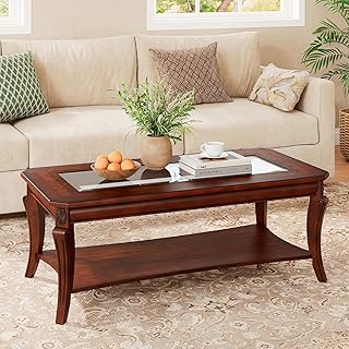 PADMA HOUSE Traditional Wood Coffee Table with Glasstop & Curved Legs, Rectangle Solid Wood Tea Table with Storage Shelf, 2-Tier Glass Center Tables in Cherry for Living Room,47.2 * 23.6 * 17.9in