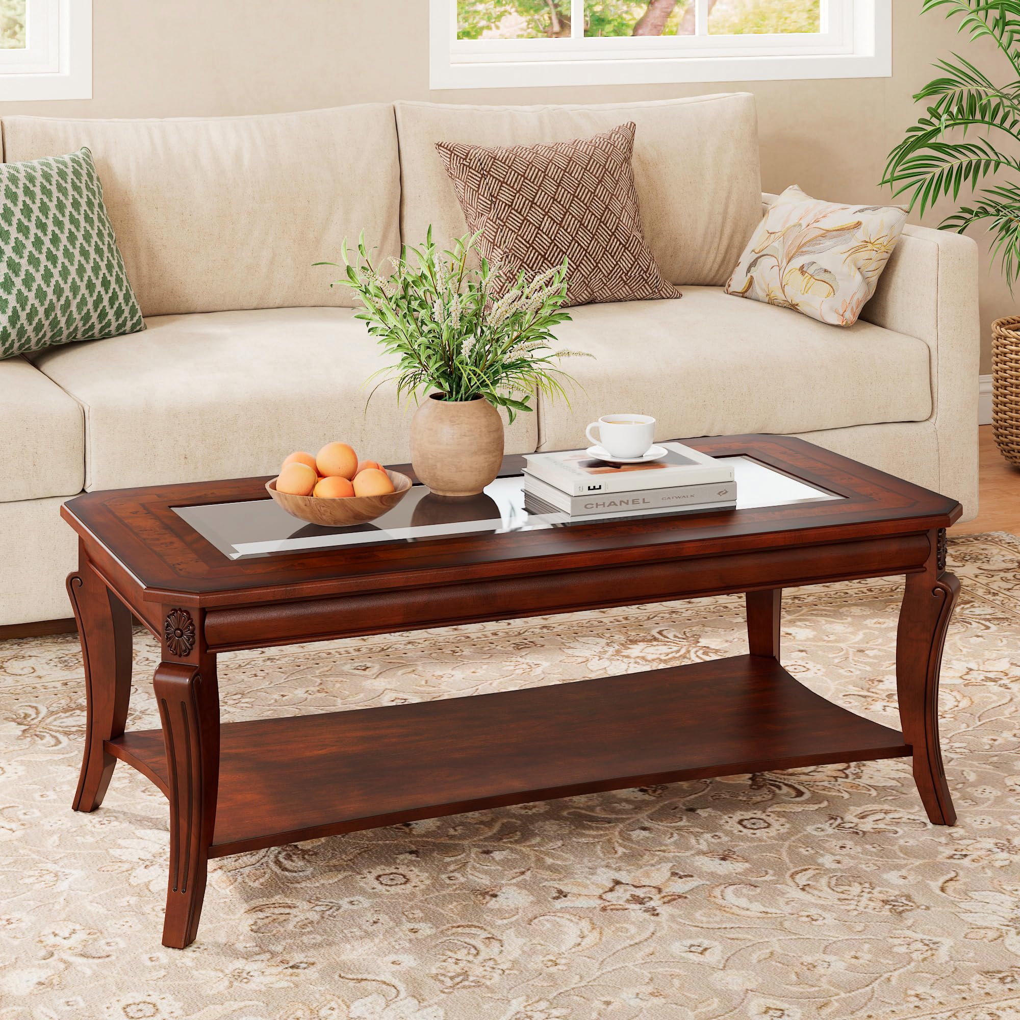PADMA HOUSE Traditional Wood Coffee Table with Glasstop Curved Legs Rectangle Solid Wood Tea Table with Storage Shelf