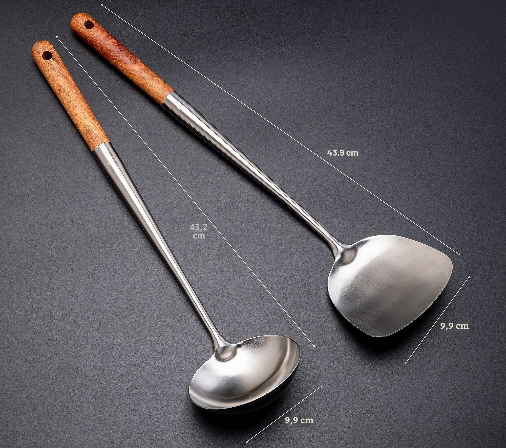Juego de espátula y cucharón de Wok, espátula de acero inoxidable 304 de 43 cm