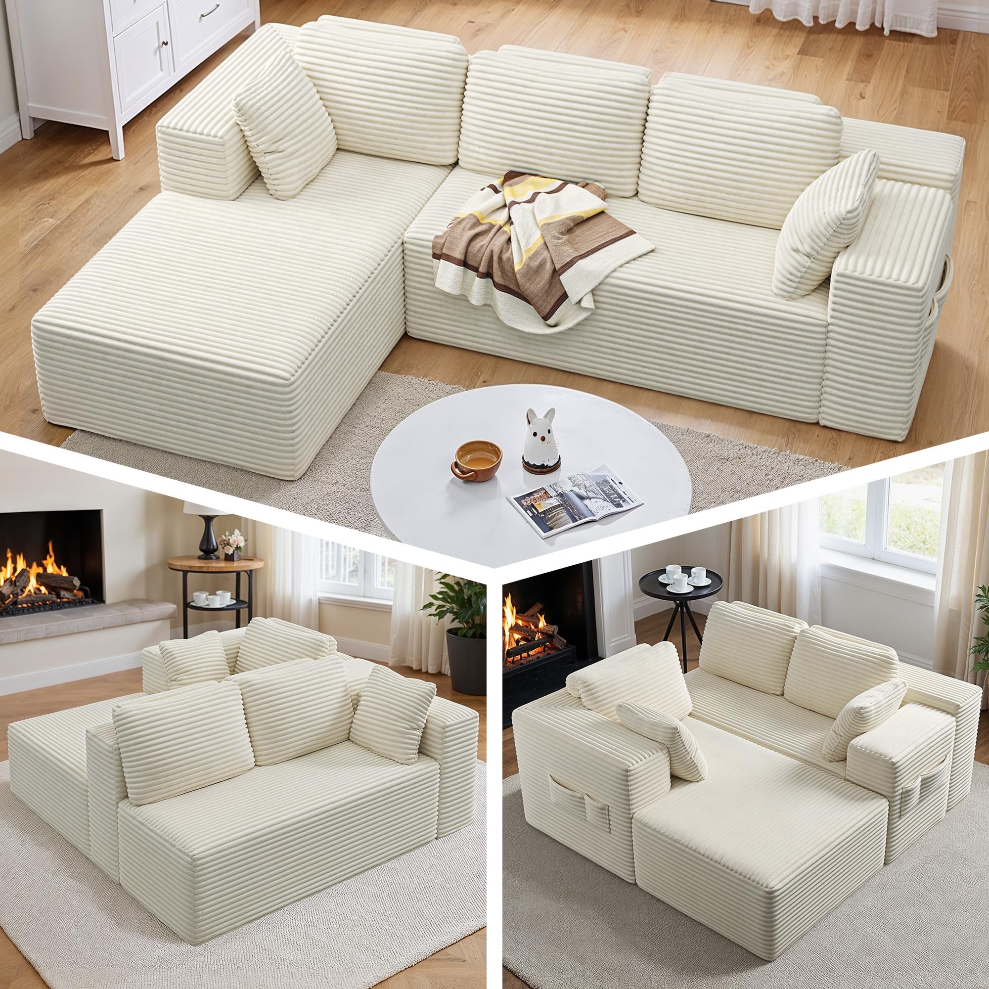Xbro Sofa 3-osobowa w kształcie litery L z sztruksu, nowoczesna sofa do salonu z poduszkami i bocznymi kieszeniami, pianka 30D o wysokiej gęstości, 250 x 160 x 62 cm, Beżowa