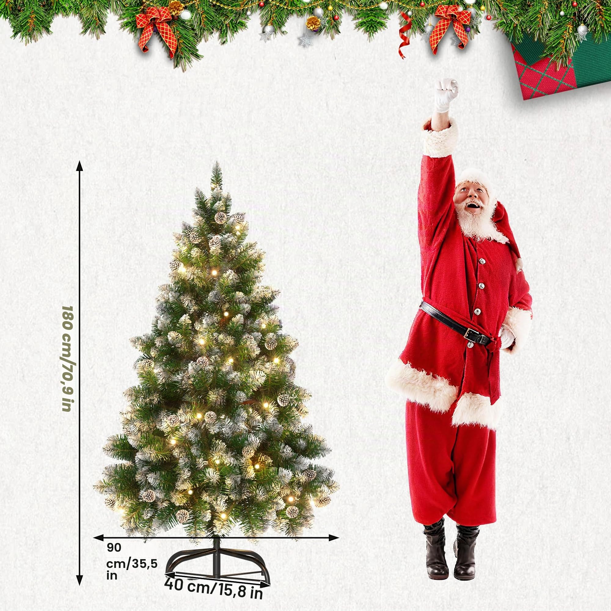 Aufun Árbol de Navidad Artificial con iluminación, árbol de Navidad Artificial de 180 cm con Nieve y piñas, Abeto Noble, Montaje rápido, Incluye Soporte para árbol de Navidad