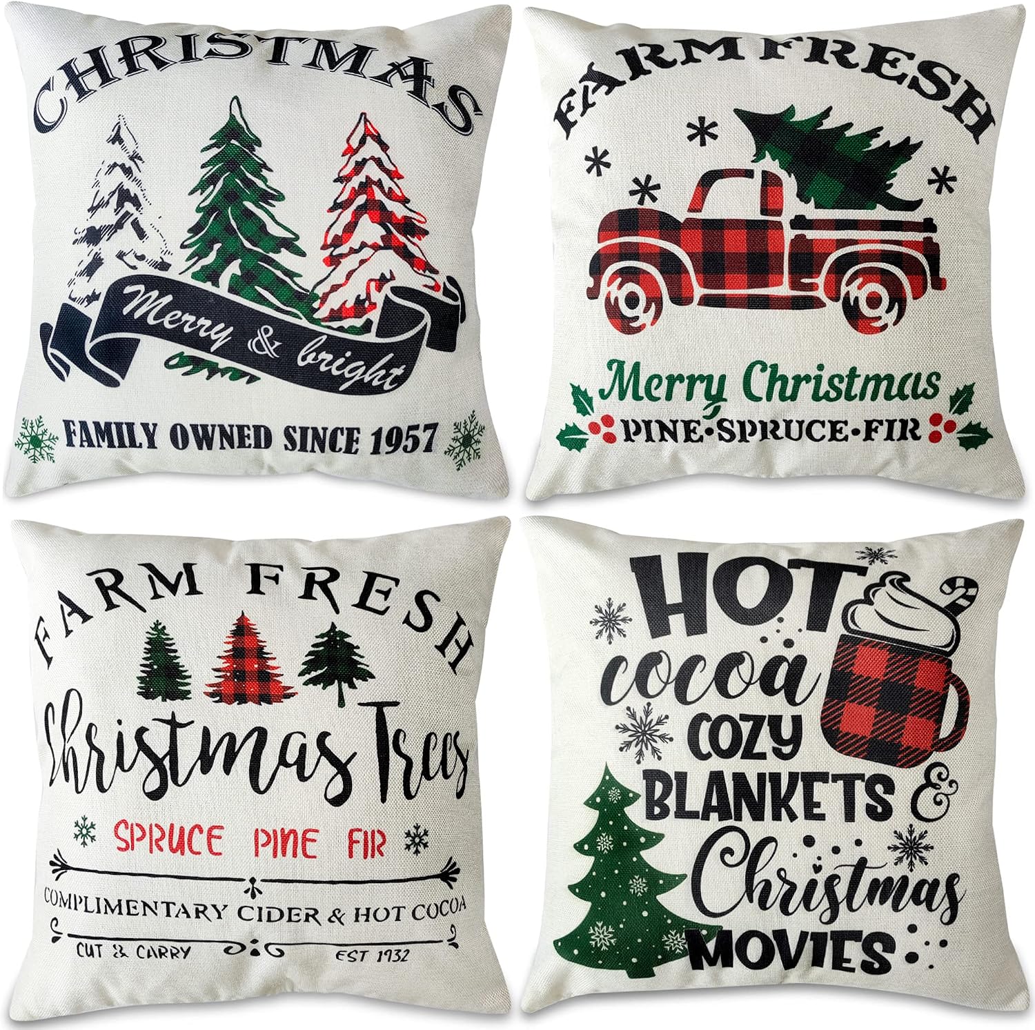Christmas Pillow Covers 18x18 Inch Set of 4 Christmas Decorations for Farmhouse Winter Throw Pillow Covers Linen Pillow Cases Holiday Christmas Decor
