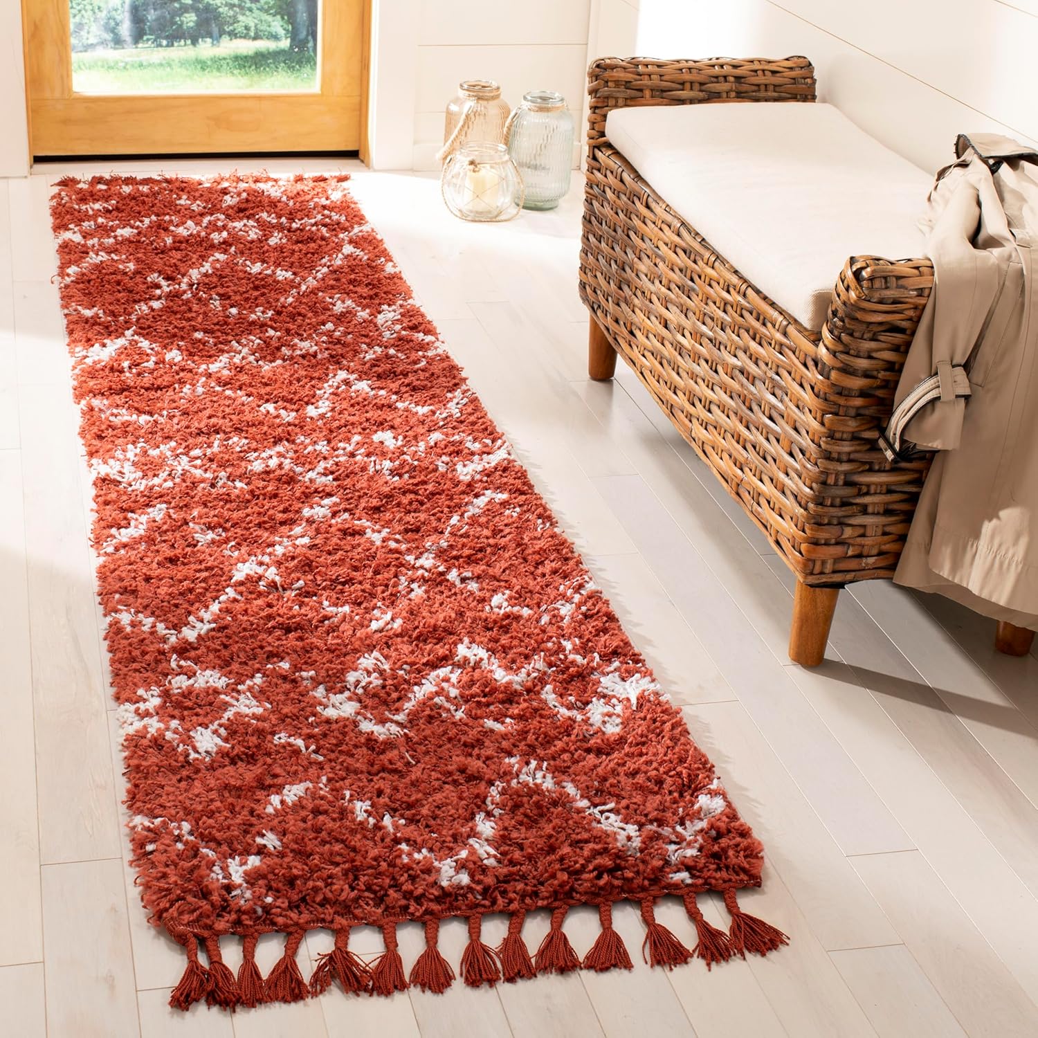 SAFAVIEH Pro Luxe Shag Collection Runner Rug - 2' x 8', Rust & Creme, Moroccan Boho Tassel, Non-Shedding & Easy Care, 2.4-inch Thick Ideal for High Traffic Areas in Living Room, Bedroom (PLX434P)
