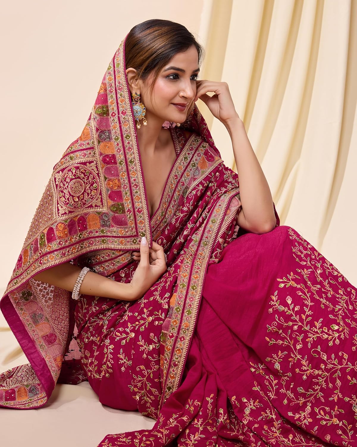 TRENDMALLS Women's Vichitra Silk Embroidery, Siroski Stone, Sequin Work Saree with Unstitch Blouse Piece