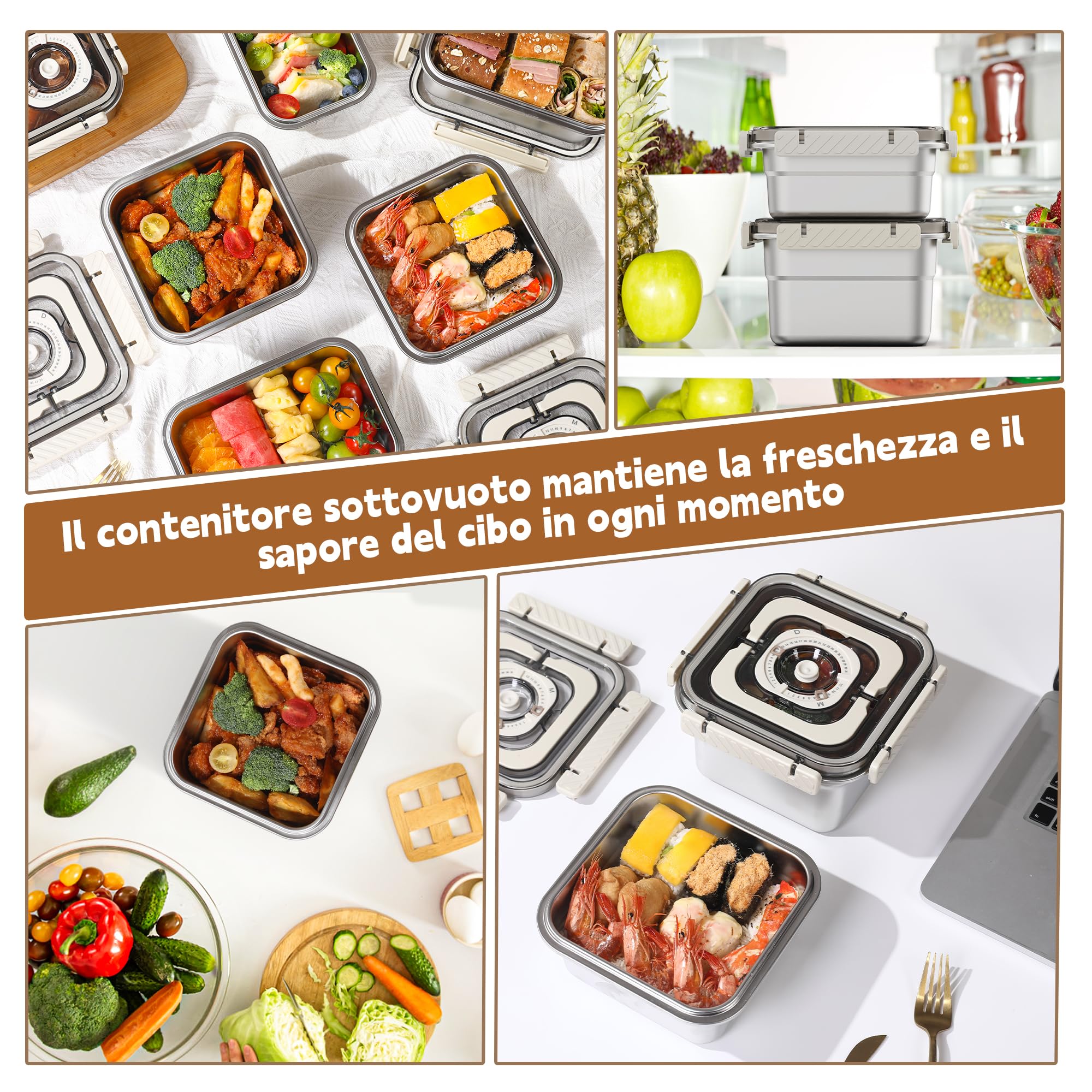 Sistema Sottovuoto Acciaio Inox con Pompa Manuale - Set da 2 Contenitori in Acciaio Inox (1250ml+1850ml) - Ermetici per Dispensa, Congelatore e Portavivande - BPA Free, Impilabili