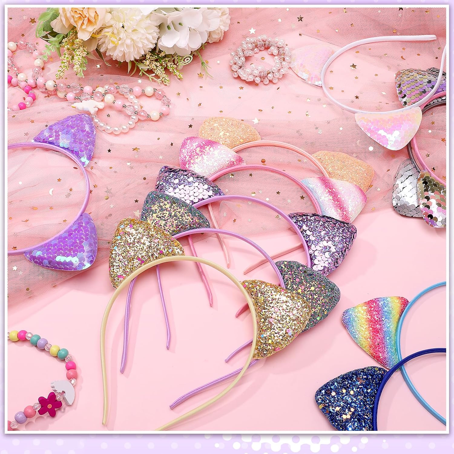 Sequin Glitter Kitty Headbands - 50 Pcs Girls and Adult Shiny Hair Accessories with Cat Ears for Birthday Decoration, 25 Colors