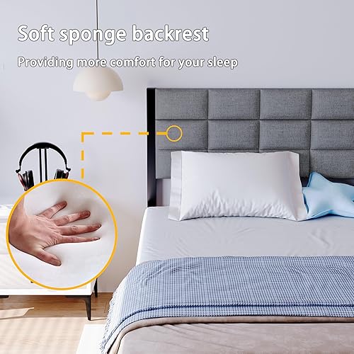 Miniatura 4 de Base de cama individual con cabecero, marco de cama individual con listones de metal, plataforma de soporte, tamaño individual con almacenamiento