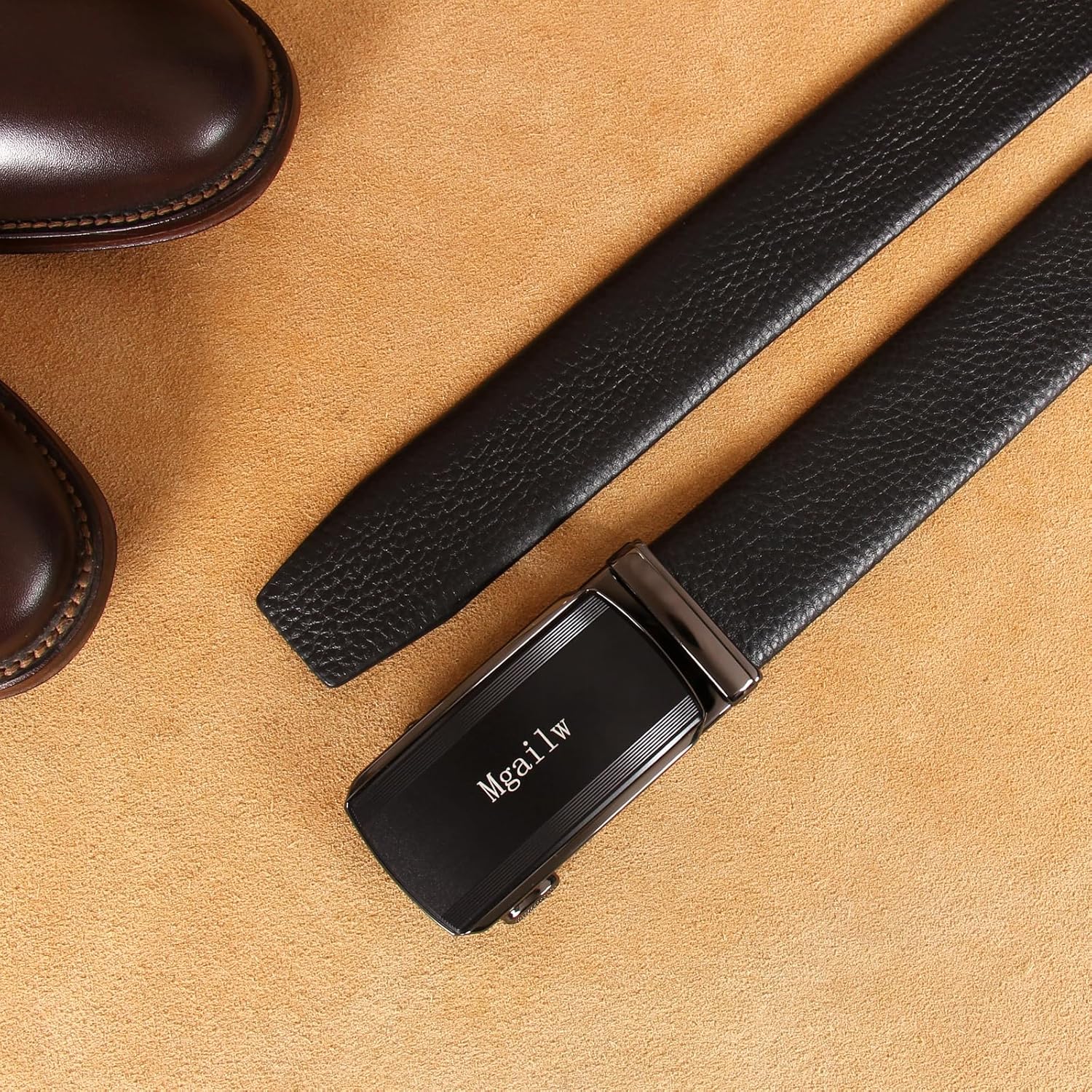 Men's Leather Ratchet Belt 1 3/8" Genuine Leather Automatic Buckle Dress & Casual Trim to Fit