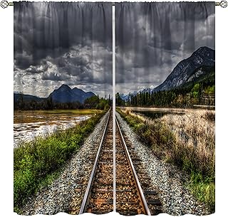 Trains Curtains, Vintage Old Dark Cloud Weed Field Abandoned Train Track Pattern Windows Treatments Drapes for Kids Boys Living Room Bedroom Bathroom 42x45in（No Blackout）