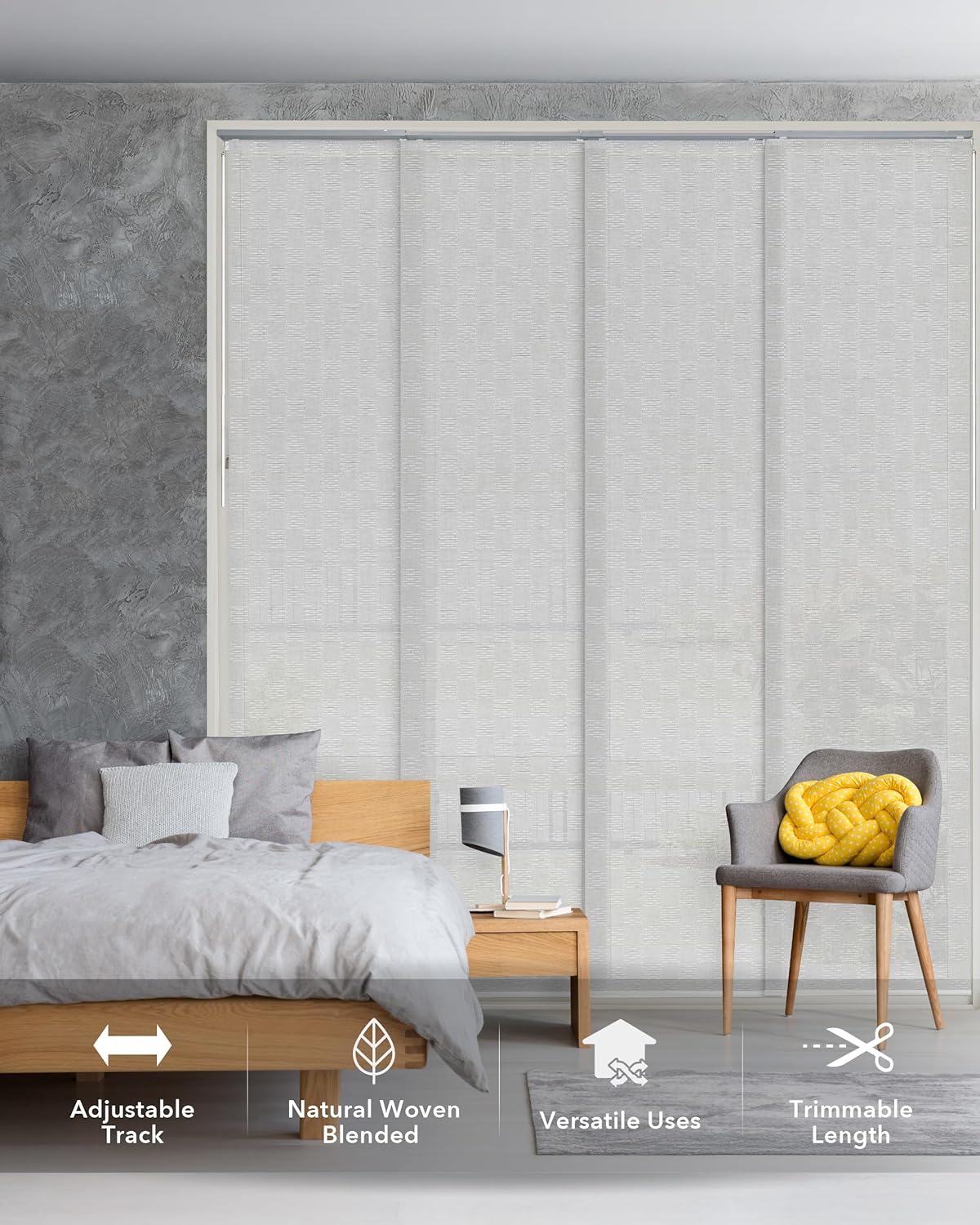 GoDear Design Adjustable Sliding Panel Track Blinds,White Curtain Blinds For Sliding Glass Doors, Room Dividers, Adjustable Track Width 45.8"- 86", Trimmable Panel Height Up to 96", Dual Sided, Bishop
