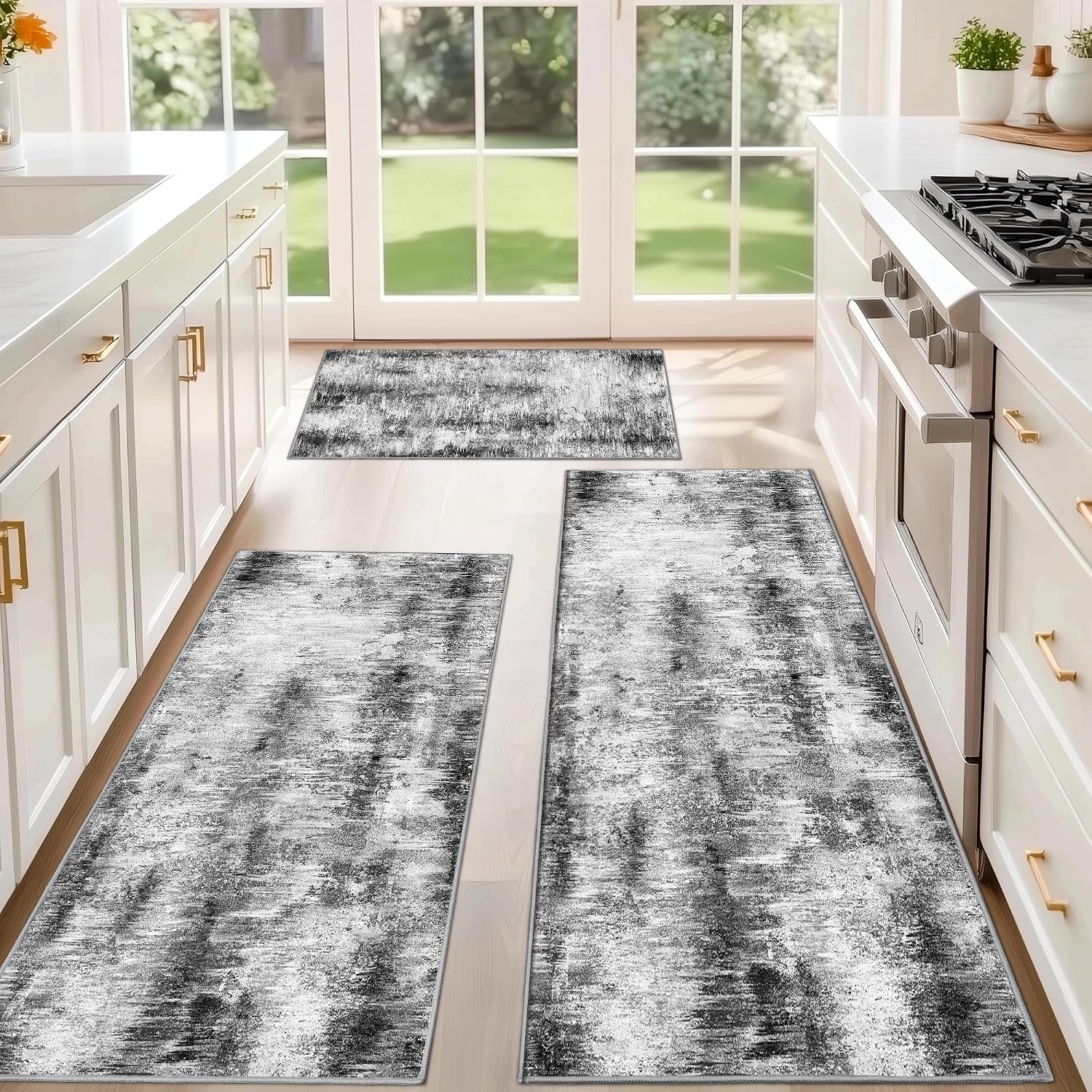Tritard Upgrade Ultra Non Slip Kitchen Rugs Sets of 3 Washable Kitchen Mats for Floor Abstract Kitchen Runner Rug Soft Floor Mat Set Kitchen Carpet Rugs for Hallway, Laundry, Entryway, Office, Grey