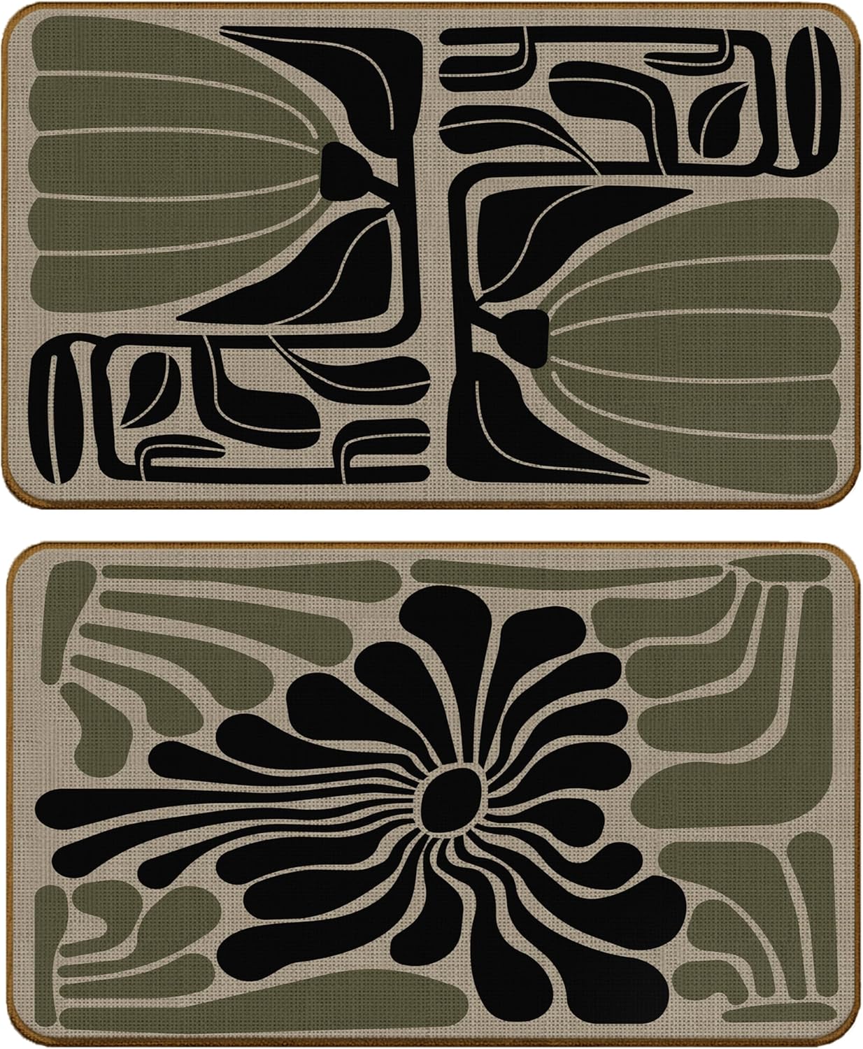 Abstract Boho Sage Green and Black Floral Doormat, Groovy Retro 70s Flower Non-Slip Door Mat for Front Door Porch Indoor Outside Entryway, Boho Botanical Welcome Mat, 17x30 Inch, Set of 2