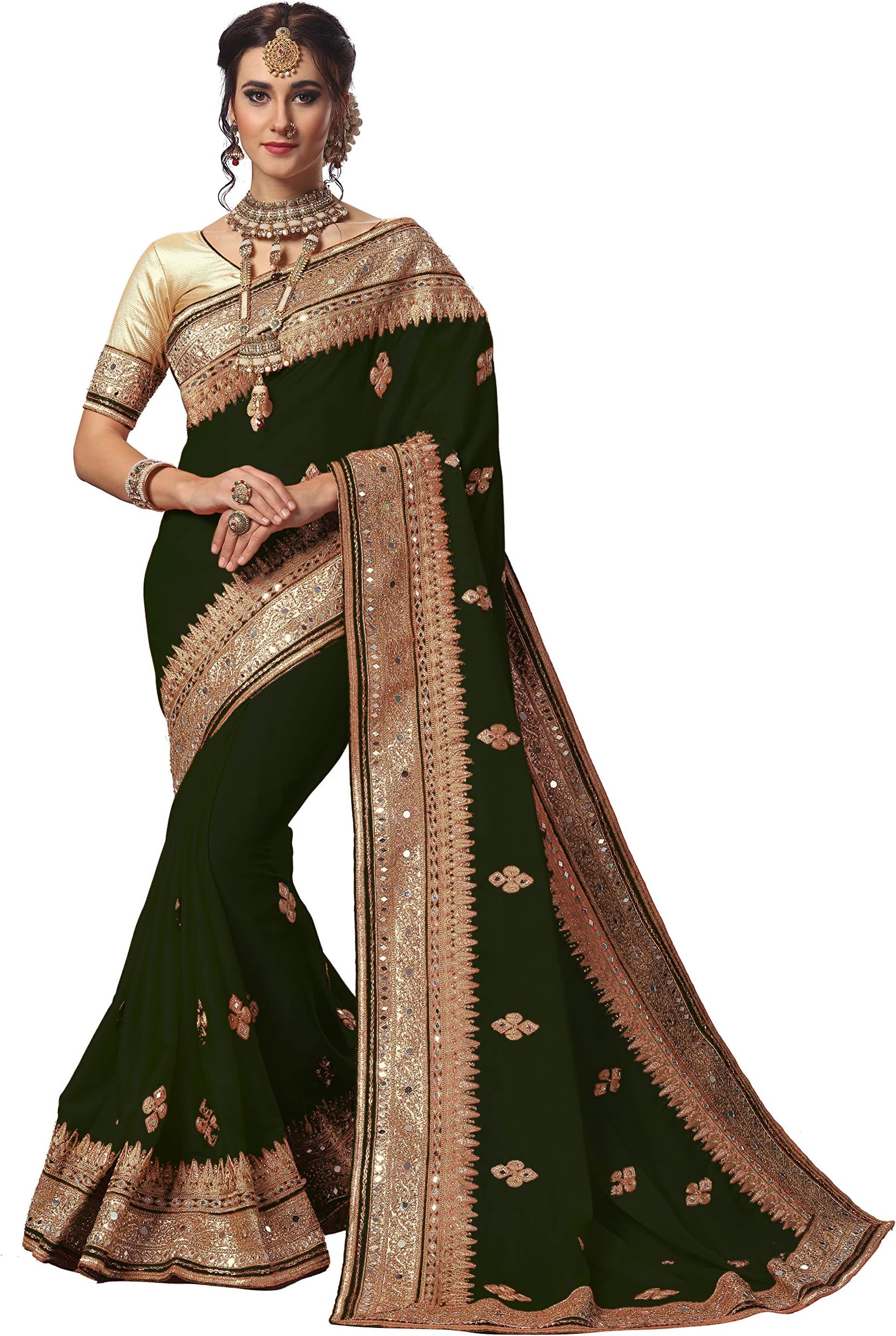 Nivah Fashion Women's Satin Embroidery Saree with Unstitched Blouse Piece