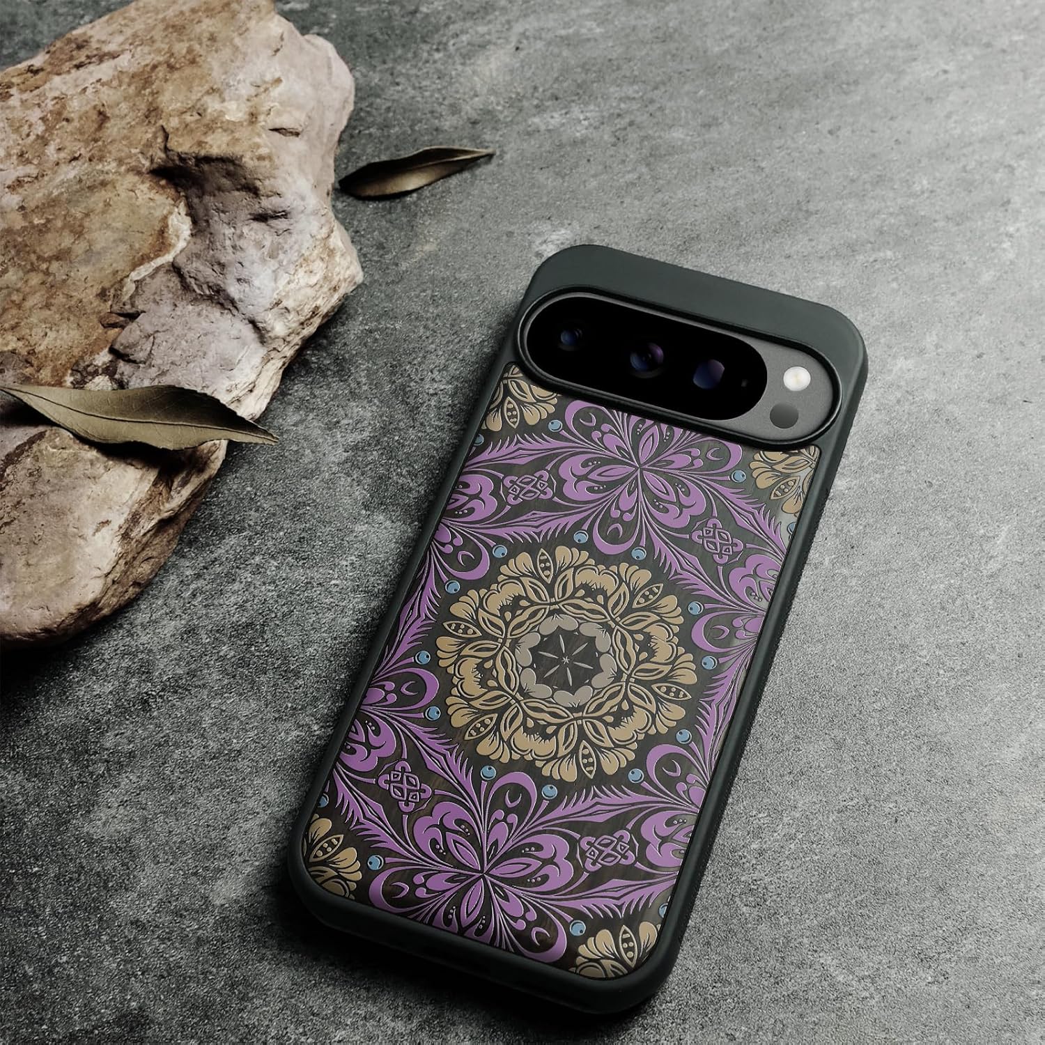 Magnetic for Google Pixel 10 / Pixel 10 Pro Case Compatible with MagSafe Wireless Charging, Natural Wood Cover & Shockproof TPU Phone Case, Hand-Drawn Pattern - Mandala Bloom