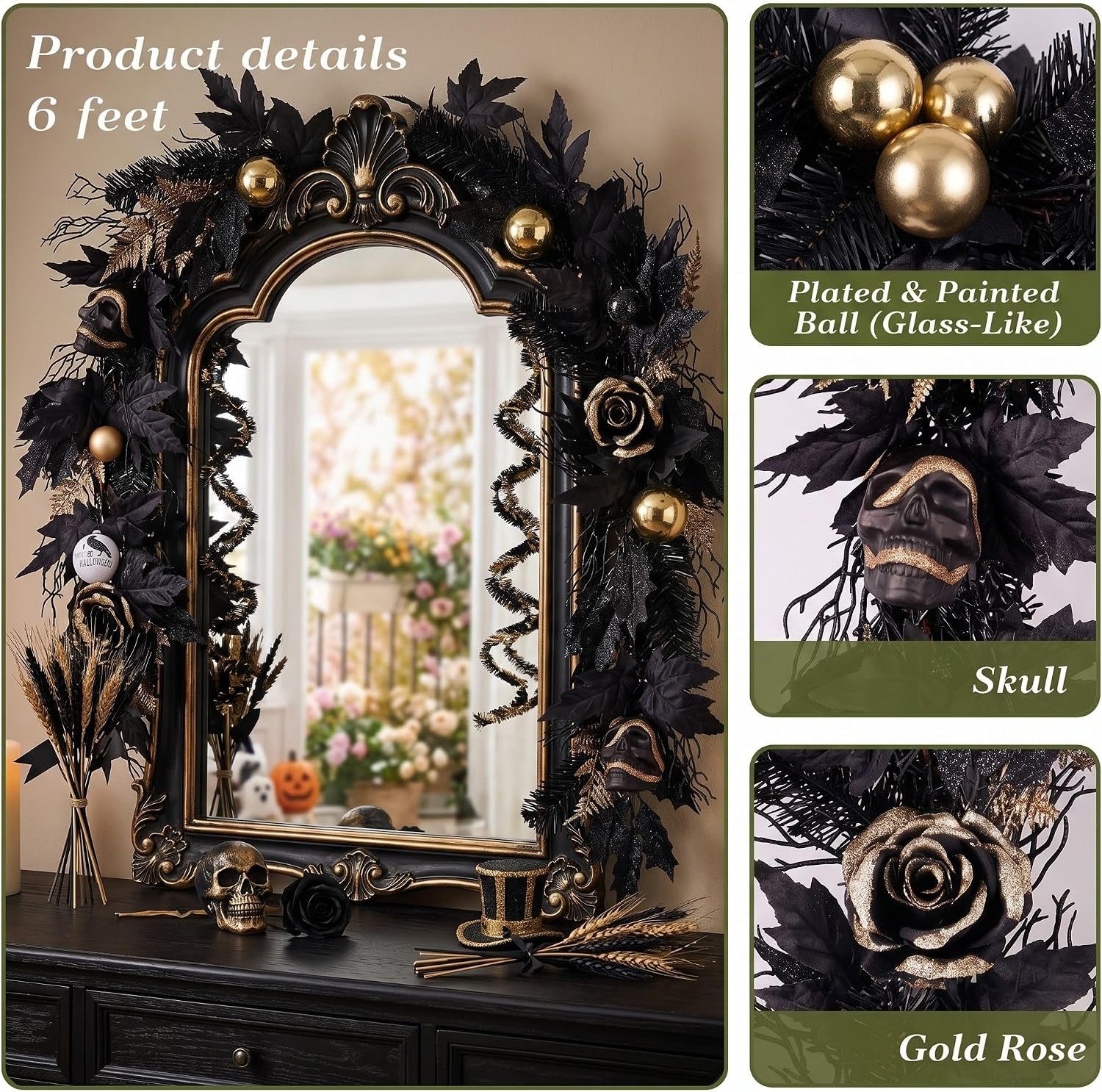 DecorbyHannah Halloween Garland for Mantel, 6ft Pre-Lit Black Maple Leaf Garland with Haunted Halloween Skull Ornament Fern Branch Decor for Mantel Fireplace Table Home Indoor