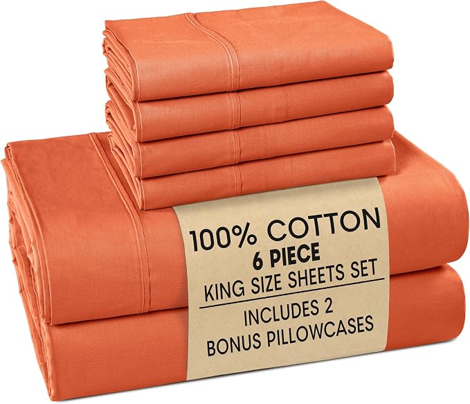 Casa Platino 100% Cotton Sheets King Size – Breathable Crisp Percale King Mattress Sheets with 4 Pillowcases, 15" Deep Pocket Fitted Sheet, Ultra Soft & Cozy Feel for Great Nights Sleep – Rust