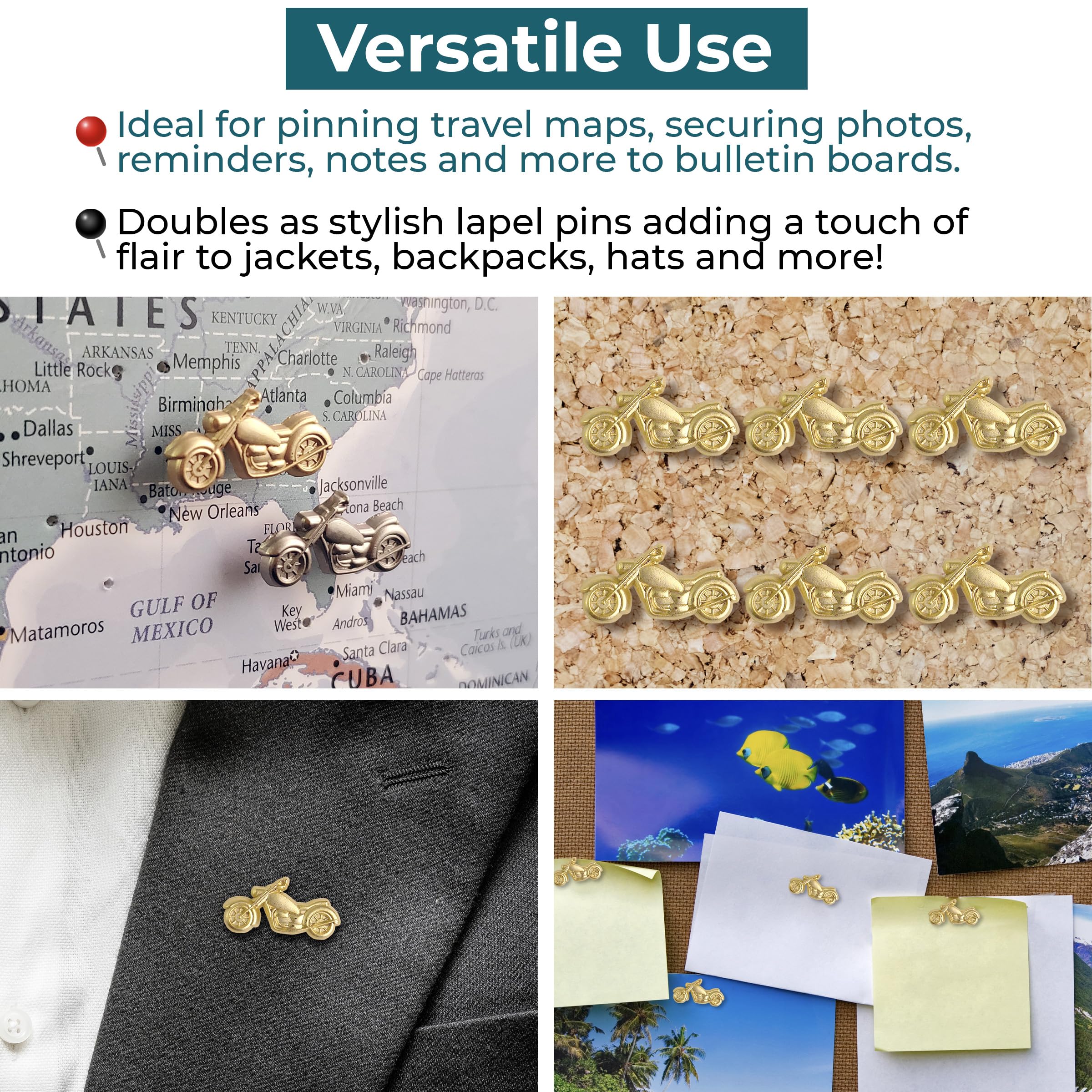 Motorrad-Pinnnadeln – Gold Metall Motorrad Pins – für Korktafel, Karten oder Anstecknadeln – entworfen in den USA – 20 Stück