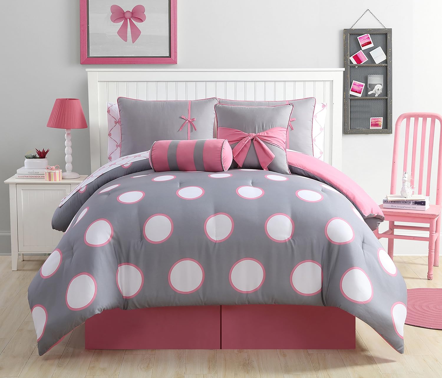 VCNY Home Full Size Bed in a Bag, 10-Piece Bedding Set | Matching Comforter, Pillows, Sheets & Bedskirt | Playful Polka Dot Design | All-Season Comfort | Cozy Chic Home Decor | Sophie Black/Pink