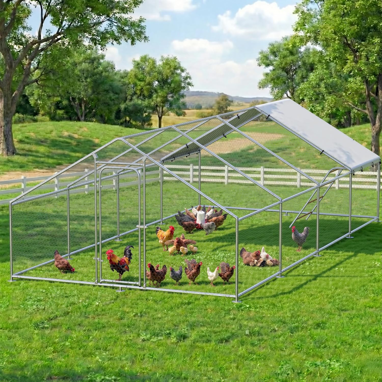 Large Metal Chicken Coop Run with Roosting Perch– Outdoor Waterproof & UV-Resistant Cover for Chickens, Ducks, Rabbits, and Hens in Yard or Farm Use Spire Roof(13.1'Wx26.2'Lx 6.5'H)