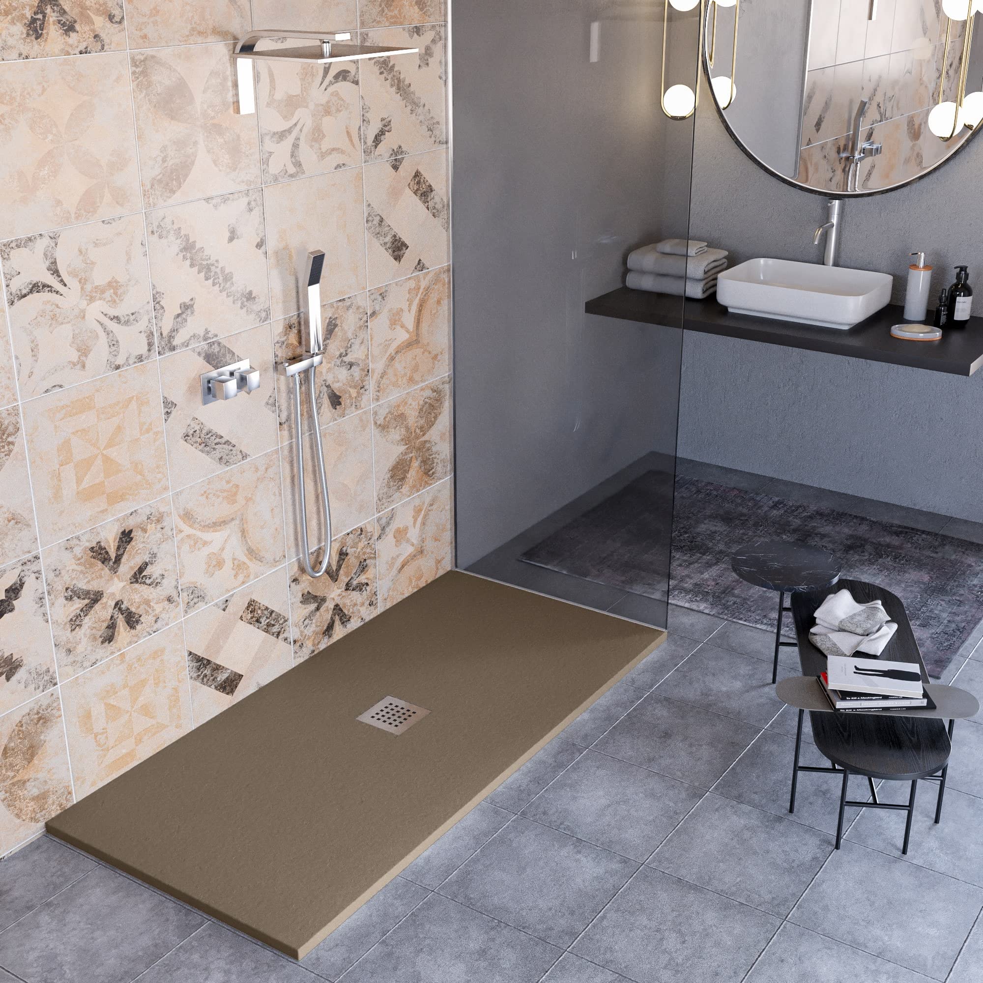 Luminosa ArredoBagno Plato de ducha resina 80 x 120 cm – Modelo Florence – Efecto piedra antideslizante con gel – Fabricado en Italia – desagüe incluido – Color marrón