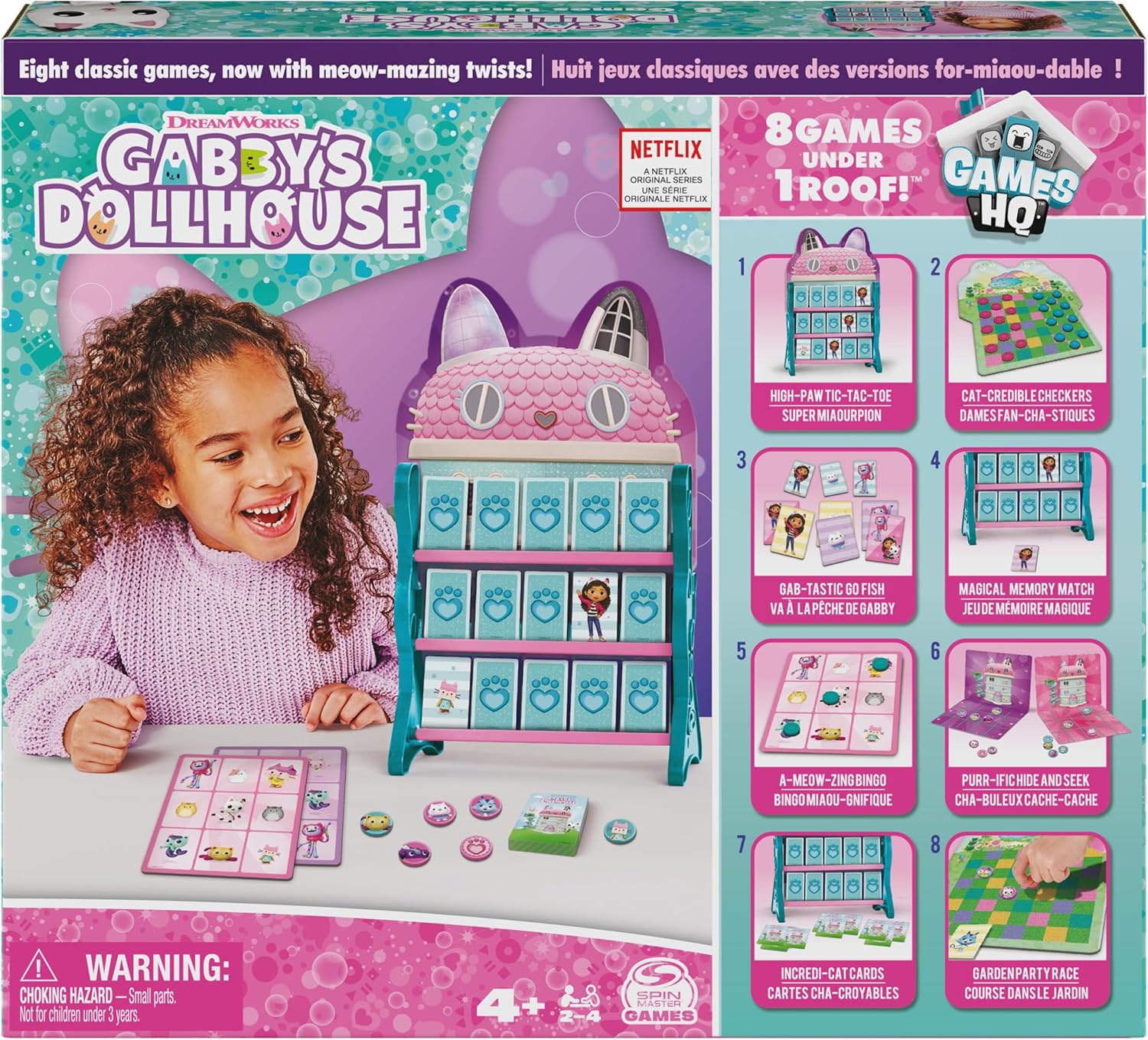 Gabby’s Dollhouse, Games HQ Checkers Tic Tac Toe Memory Match Go Fish Bingo Cards Board Games Toy Gift Netflix Party Supplies, for Kids Ages 4 and up