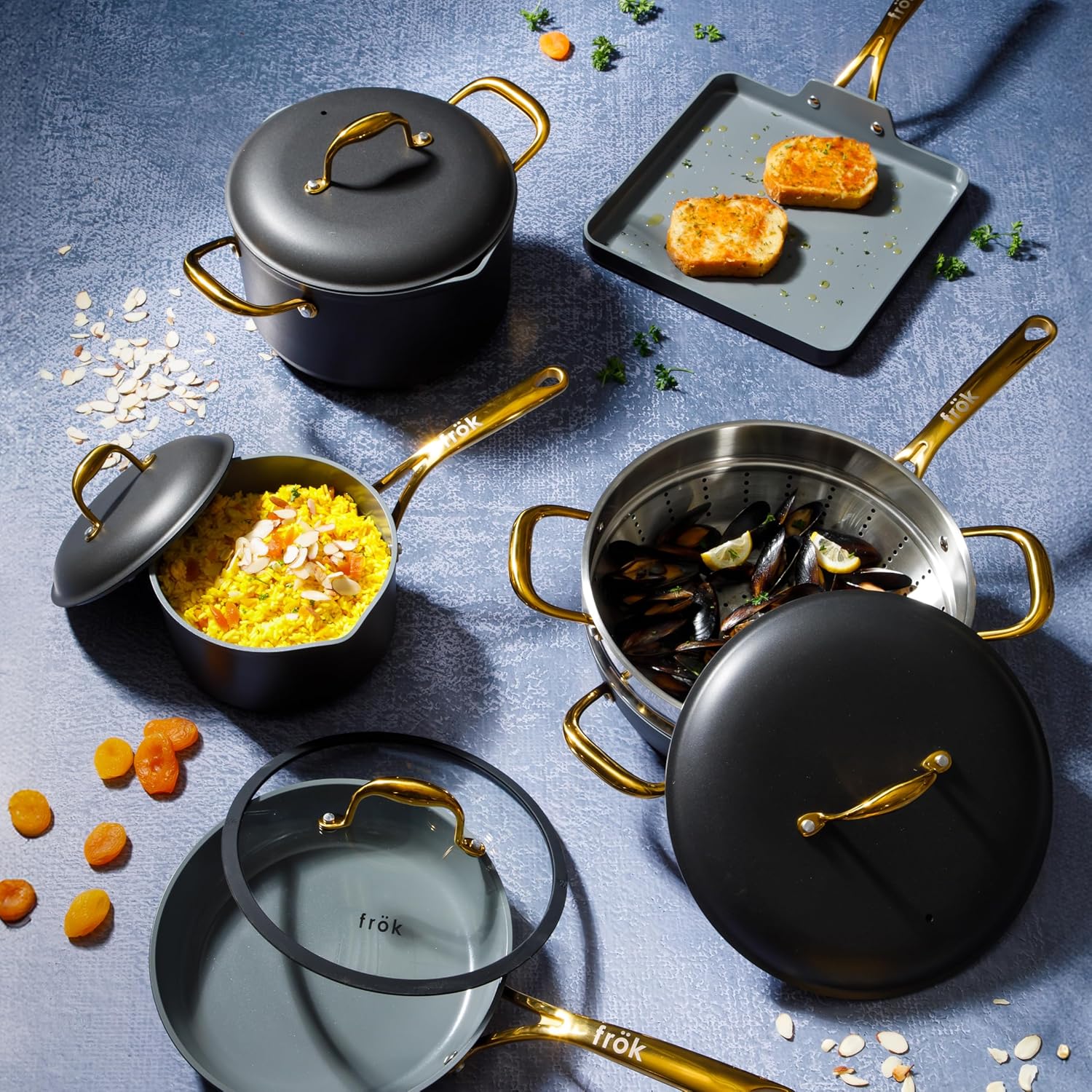 Frok 10 Piece Pots and Pans 4MM Thick Quick Heat Aluminum Cookware Set w/Premium PFA Free Ceramic Nonstick Interior Heat Resistant Exterior - Induction - Black & Gold