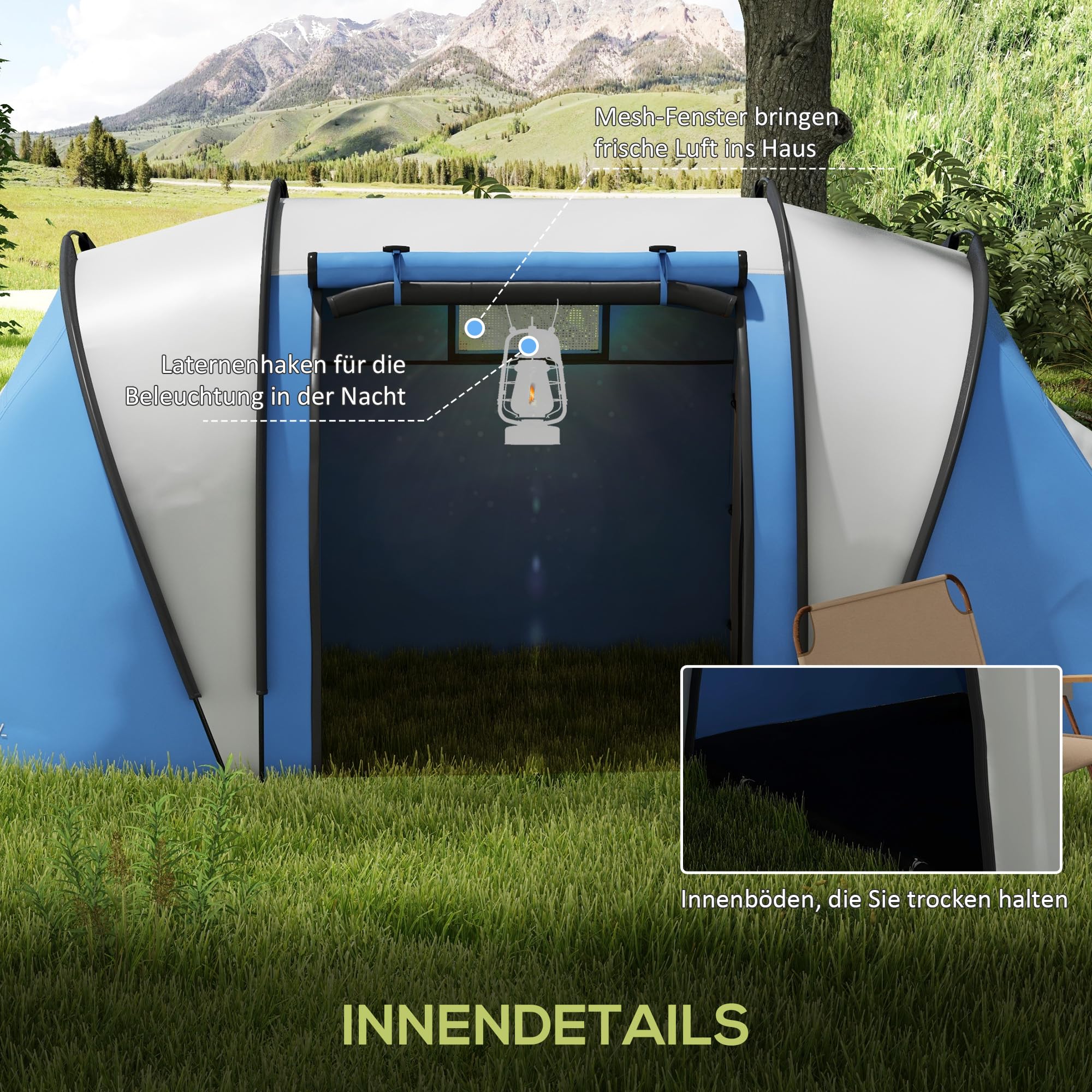Outsunny Campingzelt für 4-5 Personen leicht wasserabweisend Familienzelt mit 2 Zimmer Seitentür Fenster, Zelt mit 3000mm Wassersäule Tunnelzelt Kuppelzelt für Camping Reise Garten