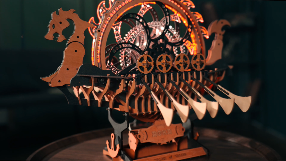 Puzzle 3D In Legno ROKR - Modello Nave Vichinga Drago, 229 Pezzi Con Luci LED, Perfetto Come Regalo Creativo