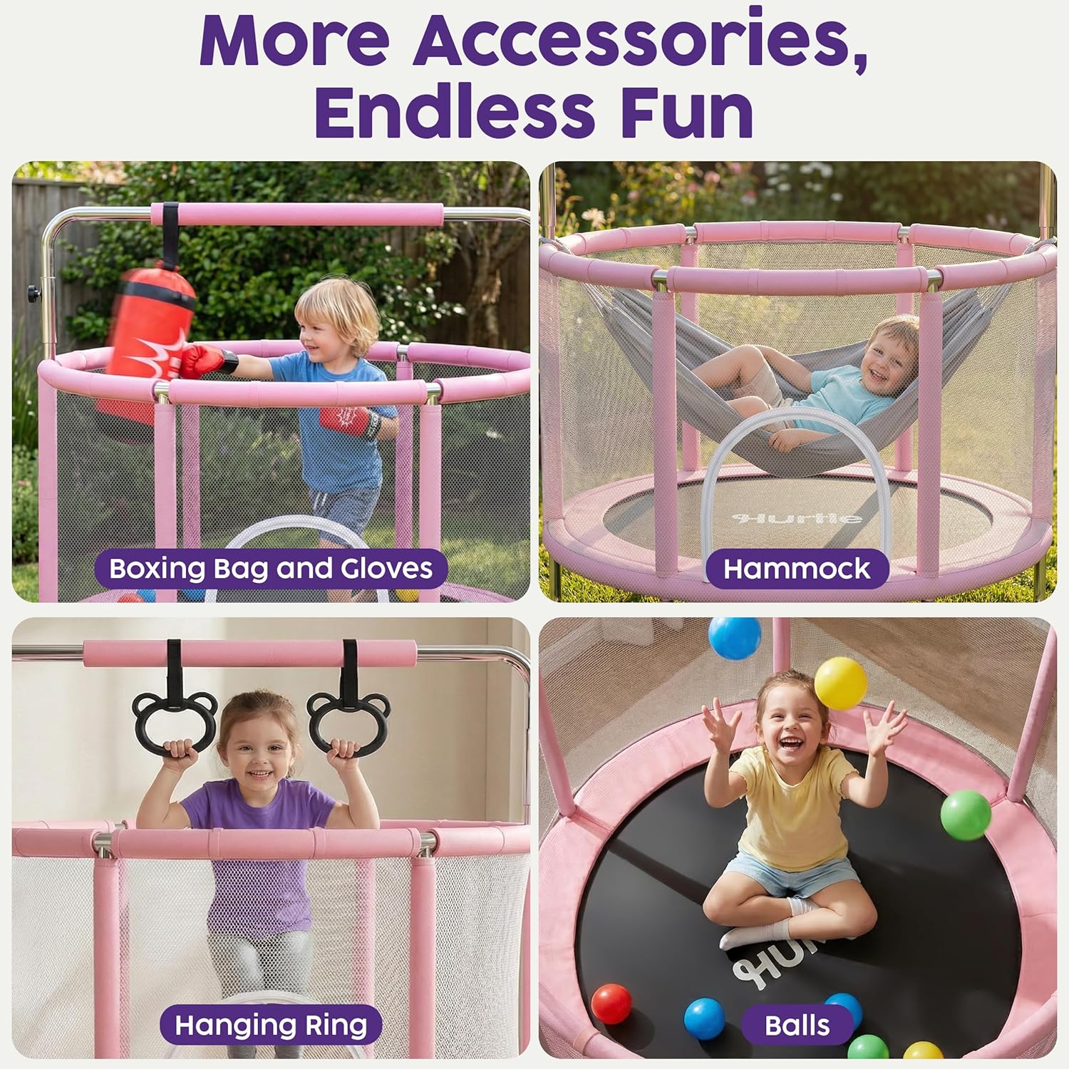 Hurtle 55" Trampoline for Kids with Safety Enclosure - 440lbs Capacity Indoor/Outdoor Toddler Trampoline with Adjustable Gymnastics Bar, Swing, Boxing Bag & Rings - Birthday Toy Gift for Boys & Girls