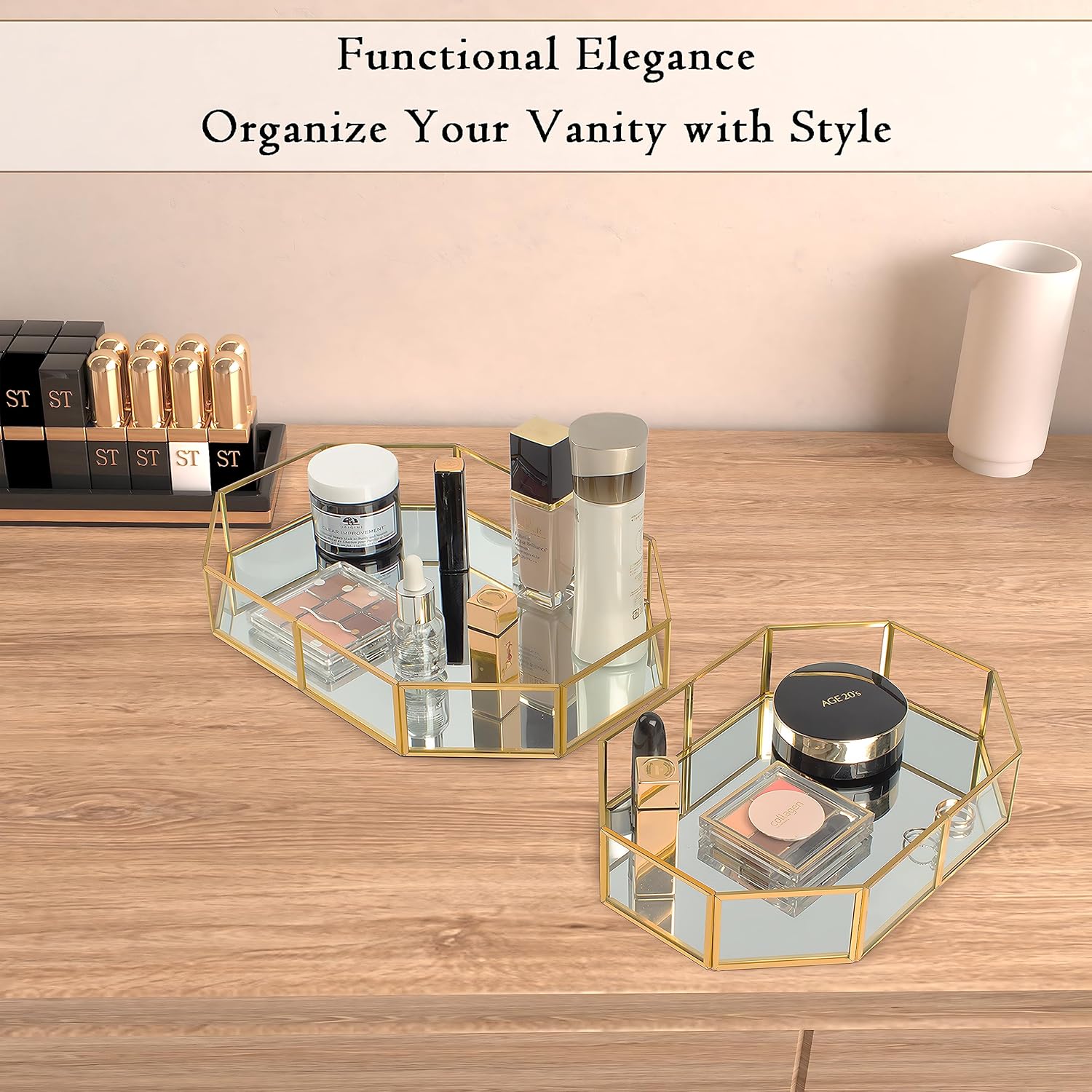 Set 2 Gold Tray Vanity Tray, Bathroom Tray with Metal Frame, Decorative Tray Perfume Tray for Dresser Bathroom Jewelry or Home Decoration (L+S)