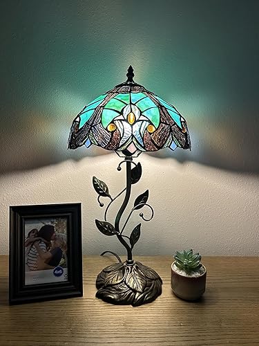 Miniatura 1 de Tiffany - Lámpara de mesa verde y marrón, hierro con hojas de metal, base de bronce, incluye bombilla LED, lámpara de enlace para sala de estar,